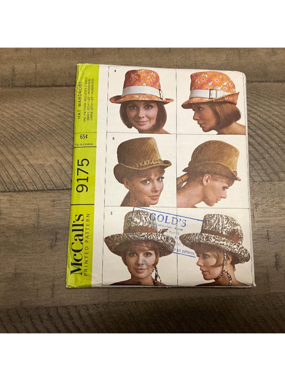 McCall's 9175 Hat Sewing Pattern, 1960s Fedora, Bowler, Cowboy 60s Style Hats